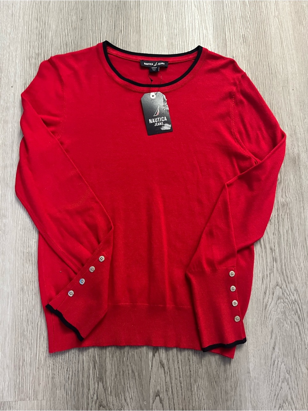 203–NWT Nautica Red Crewneck Sweater with Black Trim and Button Cuffs